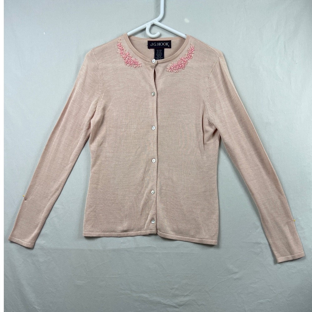 J.G. Hook Cardigan Womens Medium Pink Silk Blend Ribbon Embroidered Button Front